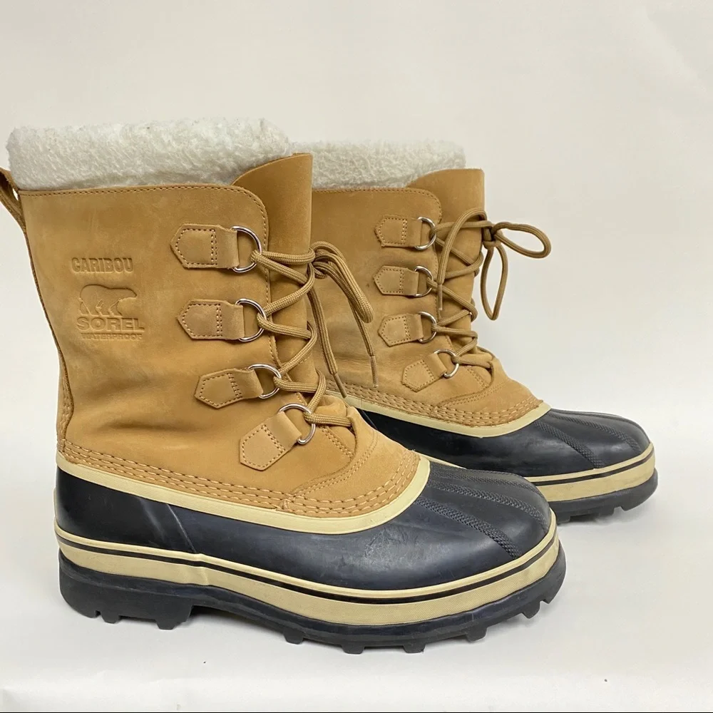 Sorel Caribou Boot Tan Black Suede Lace Up Traction Sole Shearling Size 11 $170